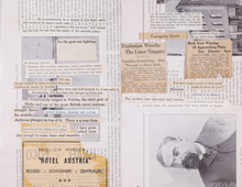 Load image into Gallery viewer, A collage made up of newspaper clippings, ephemera, and a composite photograph
