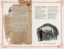 Load image into Gallery viewer, A sample rulebook page spread with an insert giving an example Outcome and a picture of a man beseeching a statue